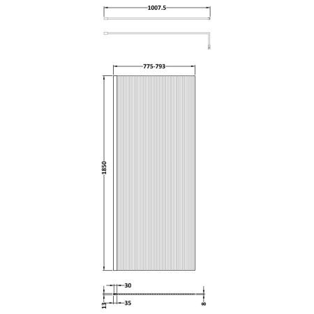 WRFL18580BB Nuie Brushed Brass 800mm Fluted Wetroom Screen Line Drawing