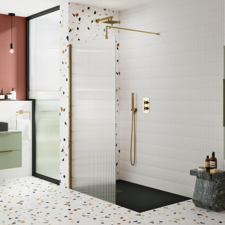 WRFL18580BB Nuie Brushed Brass 800mm Fluted Wetroom Screen Lifestyle