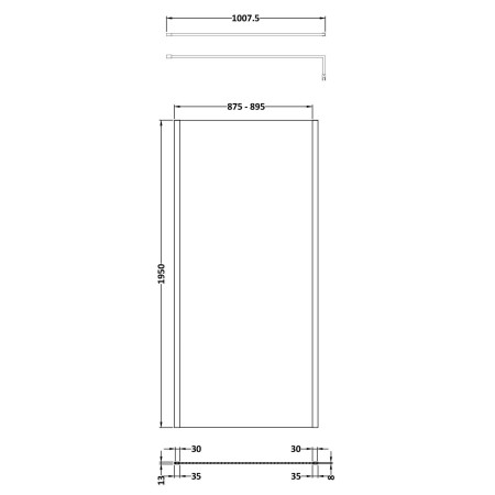 NWOF90BB Nuie Brushed Brass 900 x 1950mm Outer Frame Wetroom Screen Line Drawing