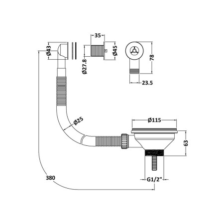 FW816SRB Nuie Brushed Brass Basket Strainer Kitchen Waste with Round Overflow Line Drawing