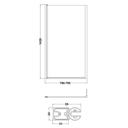 NSBS78 Nuie Brushed Brass L Shaped Hinged Bath Screen with Fixed Return Line Drawing