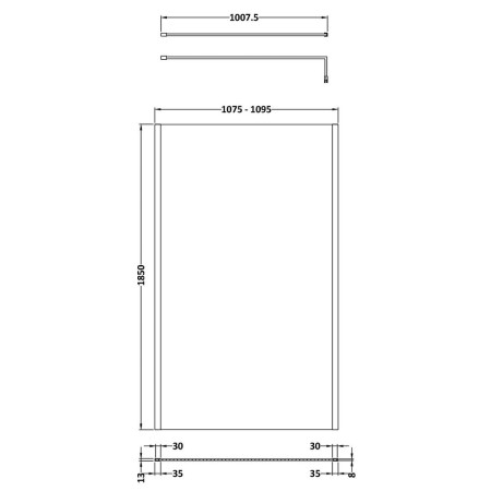 WRSCOBB11 Nuie Brushed Brass Outer Frame 1100mm Wetroom Screen Line Drawing