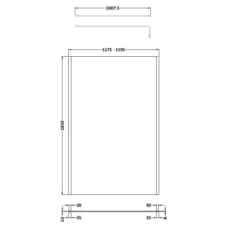 WRSCOBB12 Nuie Brushed Brass Outer Frame 1200mm Wetroom Screen Line Drawing