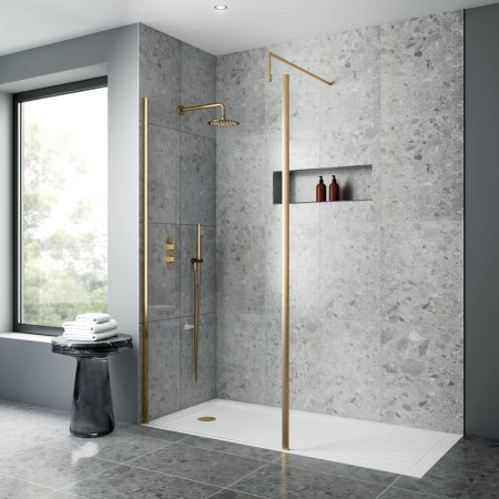 WRSCOBB12 Nuie Brushed Brass Outer Frame 1200mm Wetroom Screen Lifestyle