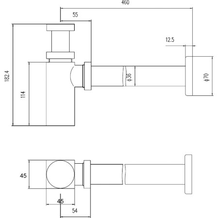 EK806 Nuie Brushed Brass Square Basin Bottle Trap with 300mm Extension Tube Line Drawing