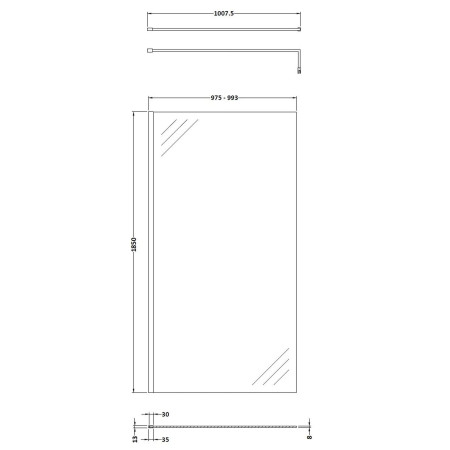 WRSCBZ010 Nuie Brushed Bronze 1000mm Wetroom Screen Line Drawing