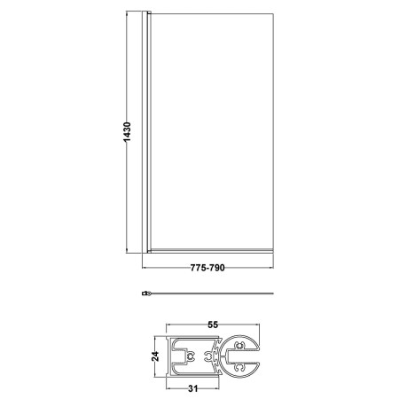 NSSQ15 Nuie Brushed Bronze 6mm Square Hinged Bath Screen Line Drawing