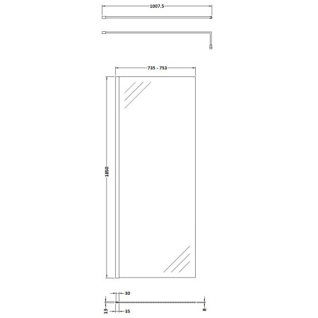 WRSCBZ076 Nuie Brushed Bronze 760mm Wetroom Screen Line Drawing