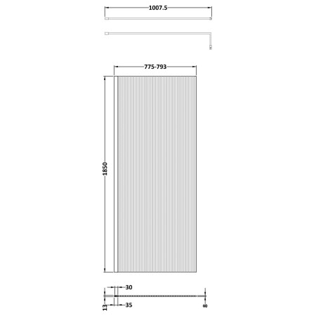 WRFL18580BZ Nuie Brushed Bronze 800mm Fluted Wetroom Screen Line Drawing