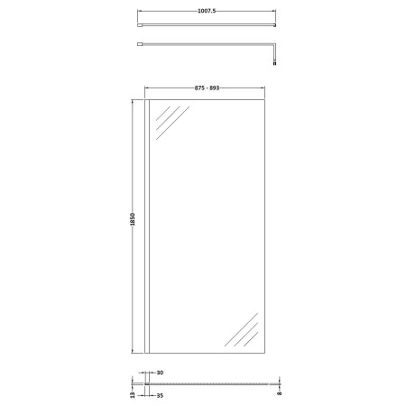 WRSCBZ090 Nuie Brushed Bronze 900mm Wetroom Screen Line Drawing