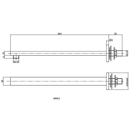 ARM1513 Nuie Brushed Bronze Square Wall Mounted Shower Arm Line Drawing