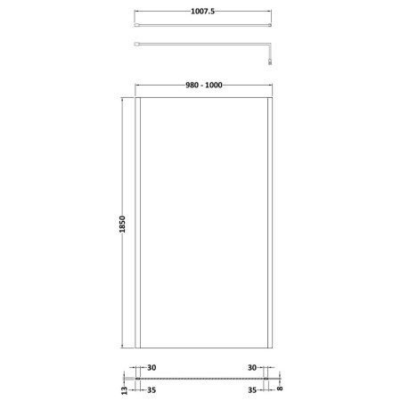 WRSCOGM10 Nuie Brushed Pewter 1000mm Outer Frame Wetroom Screen Line Drawing