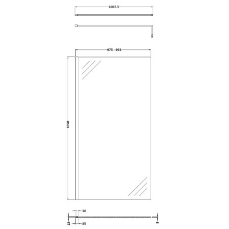WRSCGM010 Nuie Brushed Pewter 1000mm Wetroom Screen Line Drawing