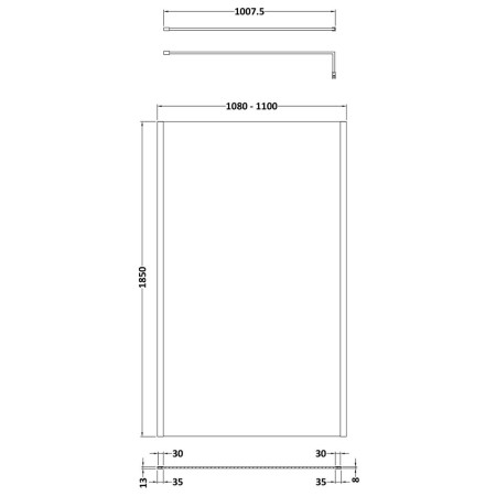 WRSCOGM11 Nuie Brushed Pewter 1100mm Outer Frame Wetroom Screen Line Drawing