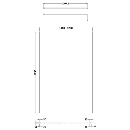 WRSCOGM12 Nuie Brushed Pewter 1200mm Outer Frame Wetroom Screen Line Drawing