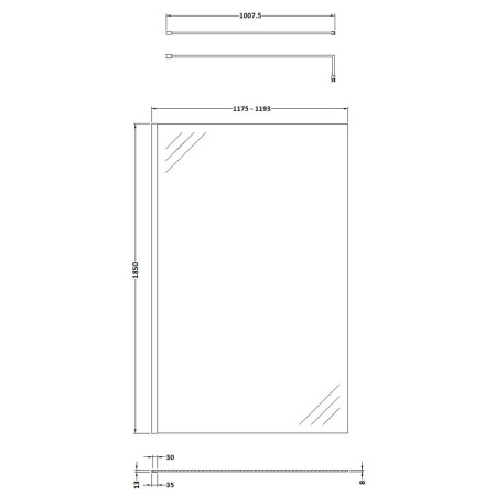 WRSCGM012 Nuie Brushed Pewter 1200mm Wetroom Screen Line Drawing