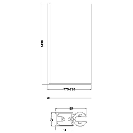 NSSQGM Nuie Brushed Pewter 6mm Square Hinged Bath Screen Line Drawing