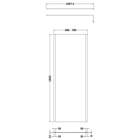 WRSCOGM70 Nuie Brushed Pewter 700mm Outer Frame Wetroom Screen Line Drawing
