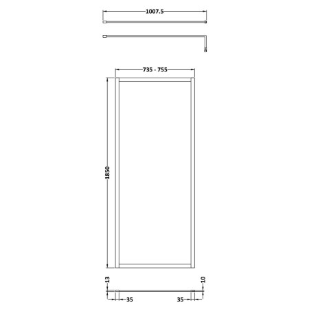 WRFGM1876 Nuie Brushed Pewter 760mm Full Outer Frame Wetroom Screen Line Drawing