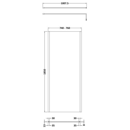 WRSCOGM76 Nuie Brushed Pewter 760mm Outer Frame Wetroom Screen Line Drawing