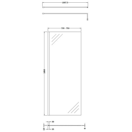 WRSCGM076 Nuie Brushed Pewter 760mm Wetroom Screen Line Drawing