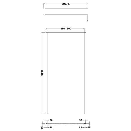 WRSCOGM90 Nuie Brushed Pewter 900mm Outer Frame Wetroom Screen Line Drawing
