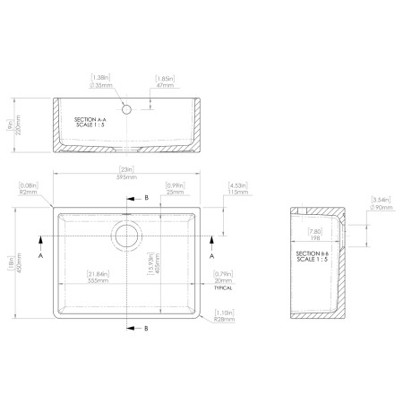 BUSB10024 Nuie Butler 595 x 450mm Fireclay Square Back Kitchen Sink Line Drawing