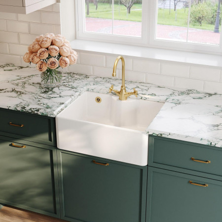 BU13124 Nuie Butler 595 x 450mm White Fireclay 1TH Sink with Overflow with Brushed Brass Tap