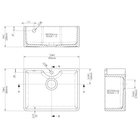 BU13124 Nuie Butler 595 x 450mm White Fireclay 1TH Sink with Overflow Line Drawing