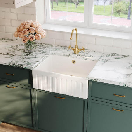 BUF10124 Nuie Butler 595 x 450mm White Fireclay Deco Kitchen Sink & Overflow with Brushed Brass Tap