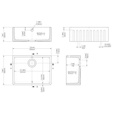 BUF10124 Nuie Butler 595 x 450mm White Fireclay Deco Kitchen Sink & Overflow Line Drawing