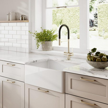 BU10024 Nuie Butler 595 x 450mm White Fireclay Kitchen Sink with Kitchen Tap