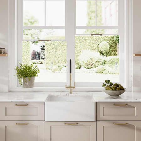 BU10024 Nuie Butler 595 x 450mm White Fireclay Kitchen Sink Lifestyle