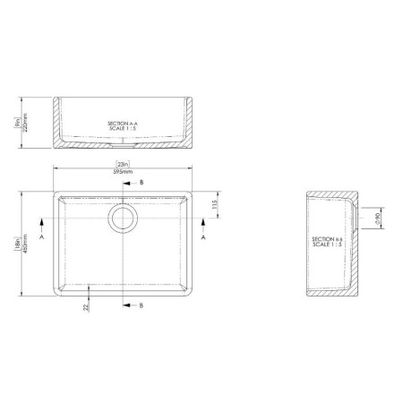 BU10024 Nuie Butler 595 x 450mm White Fireclay Kitchen Sink Line Drawing