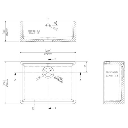 BU10124 Nuie Butler 595 x 450mm White Fireclay Kitchen Sink & Overflow Line Drawing