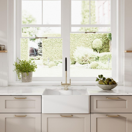 BU12024 Nuie Butler 595 x 450mm White Fireclay Sink & Tap Ledge Lifestyle