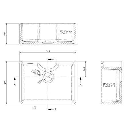 BU12024 Nuie Butler 595 x 450mm White Fireclay Sink & Tap Ledge Line Drawing
