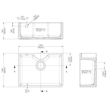 BU12124 Nuie Butler 595 x 450mm White Fireclay Sink with Overflow & Tap Ledge Line Drawing