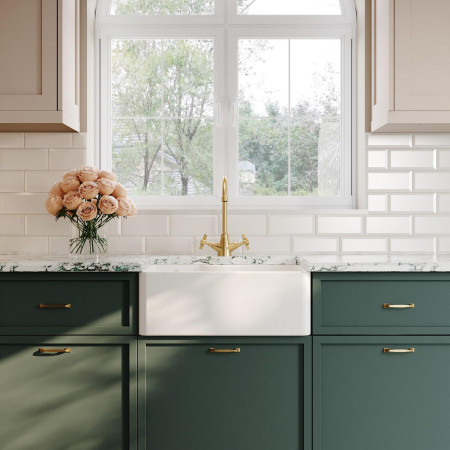 BU12124 Nuie Butler 595 x 450mm White Fireclay Sink with Overflow & Tap Ledge Lifestyle