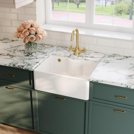 BU12124 Nuie Butler 595 x 450mm White Fireclay Sink with Overflow & Tap Ledge with Brushed Brass Tap