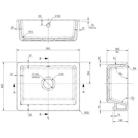 BU19124 Nuie Butler 595 x 460mm Fireclay Overmount Kitchen Sink Line Drawing