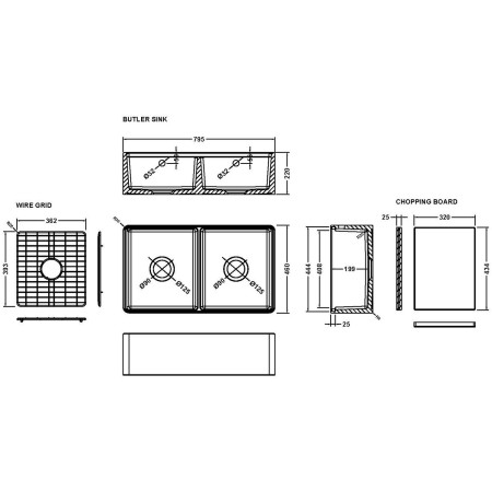 BU181AF32DWBG Nuie Butler 795 x 460mm Double Bowl Kitchen Sink with Chopping Board Line Drawing