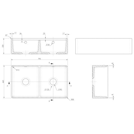 BU181AF32D Nuie Butler 795 x 460mm Double Kitchen Sink with Ledge Line Drawing