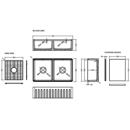 BUF181AF32DWBG Nuie Butler 795 x 460mm Fluted Double Bowl Kitchen Sink with Chopping Board Line Drawing