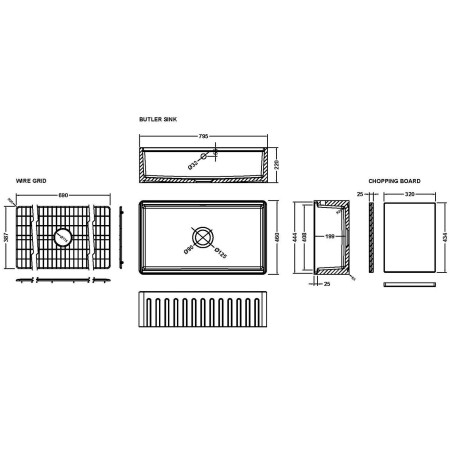 BUF18132WBG Nuie Butler 795 x 460mm Fluted Single Bowl Kitchen Sink with Chopping Board Line Drawing