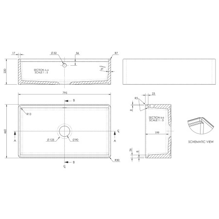 BU18132 Nuie Butler 795 x 460mm Kitchen Sink with Ledge Line Drawing