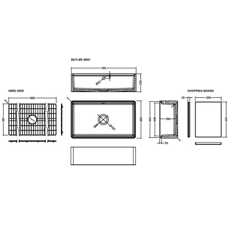 BU18132WBG Nuie Butler 795 x 460mm Single Bowl Kitchen Sink with Chopping Board Line Drawing