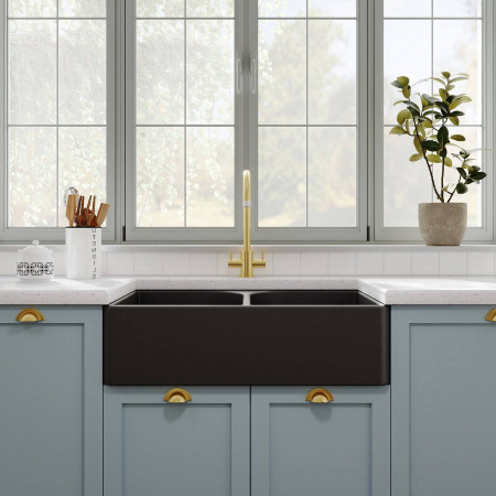 BU420AF32D Nuie Butler 795 x 500mm Matt Black Fireclay Full Weir Double Kitchen Sink Lifestyle