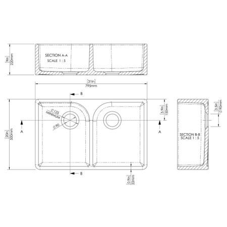 BU420AF32D Nuie Butler 795 x 500mm Matt Black Fireclay Full Weir Double Kitchen Sink Line Drawing