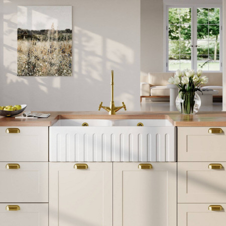 BUF121AF32D Nuie Butler 795 x 500mm White Fireclay Deco Full Weir Double Kitchen Sink Lifestyle
